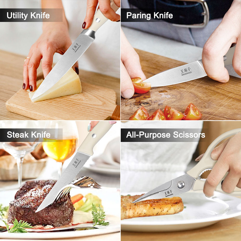 15-Piece knife block set includes a range of knives for different kitchen tasks such as a Utility Knife, utility knife, paring knife, Steak Knife, and All-Purpose Scissors.