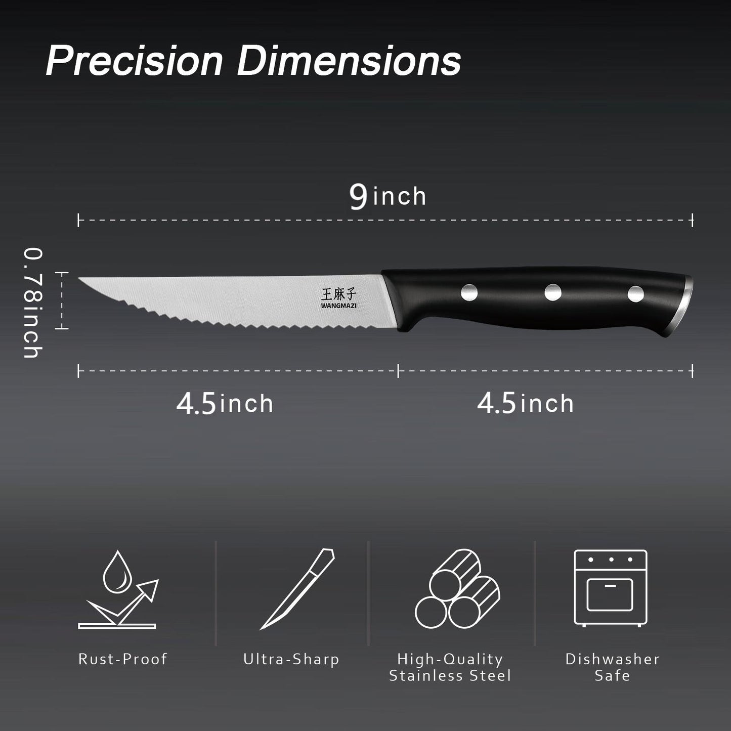 WANGMAZI 4-Piece Steak Knife Set(Black)