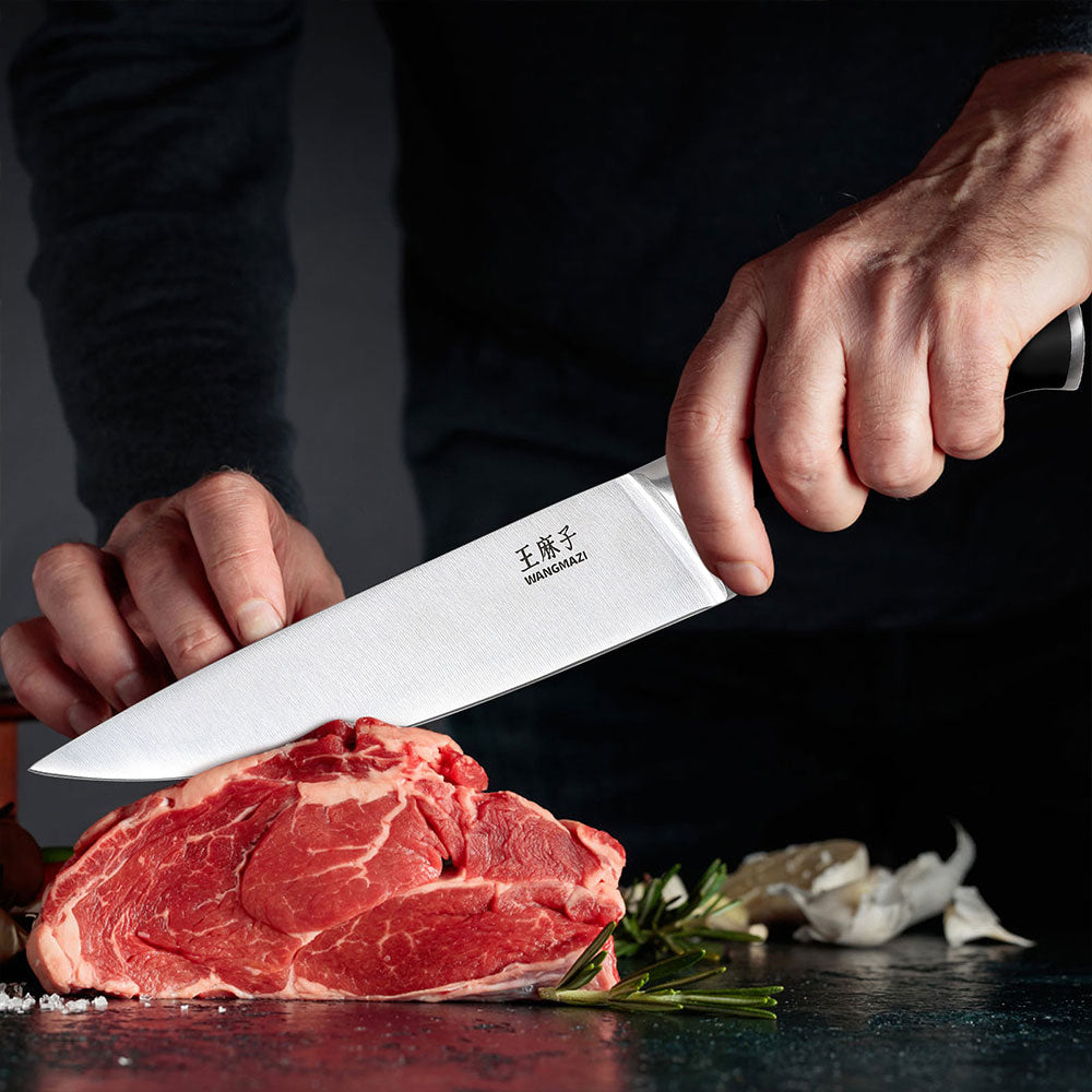 Kitchen knife set with ergonomic handle, The handles designed for comfort, typically made of high-quality materials, provide a secure and non-slip grip for safe and efficient use.