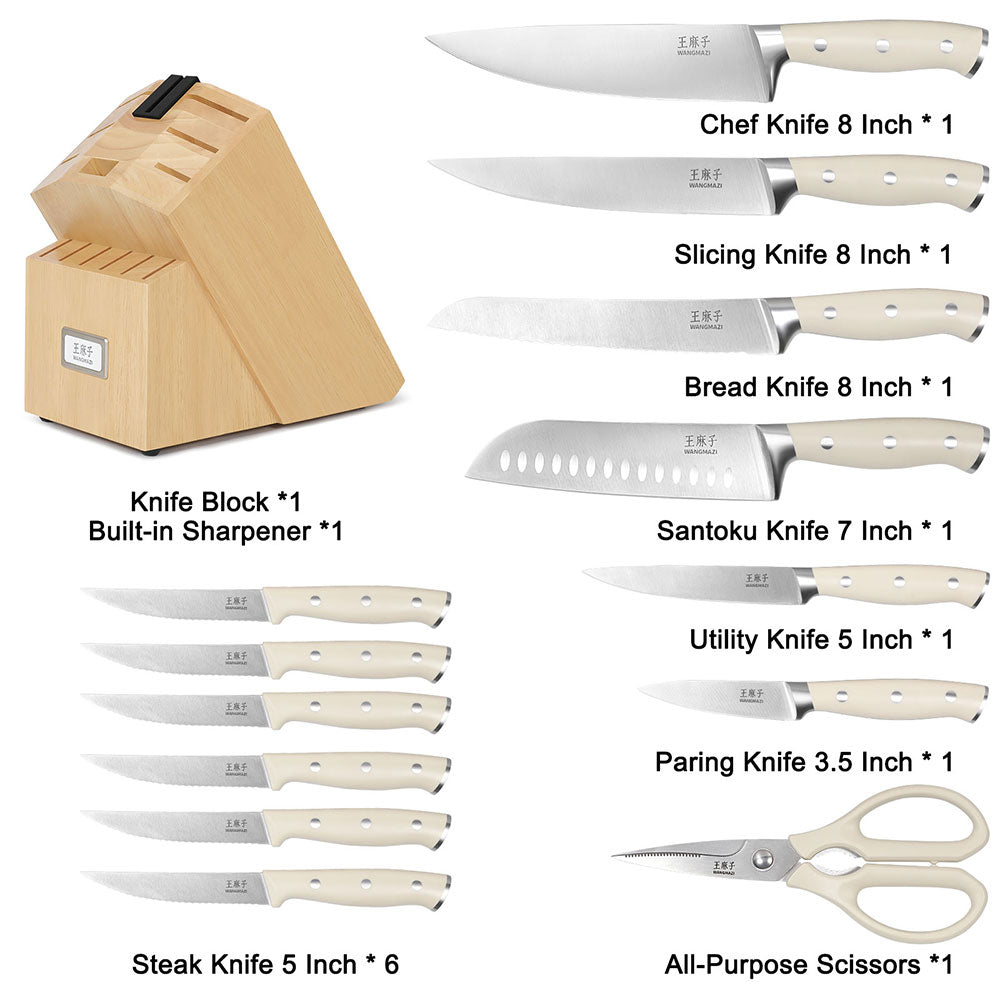 Professional 15-piece knife block set Constructed from high-carbon stainless steel and ice-hardened for superior edge retention, this knife set ensures long-lasting sharpness. The three-rivet handles are designed for an ergonomic grip, made from durable synthetic material to provide both strength and comfort during use.
