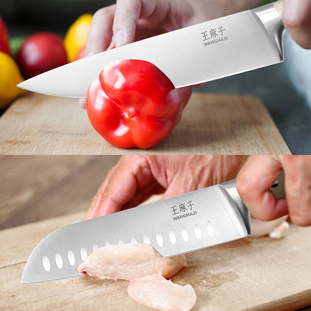 Kitchen knife set with three-rivet design typically indicates a high-quality knife with a full tang and securely attached handles for greater strength and stability. The ergonomic handle ensures comfort and reduces hand fatigue during prolonged use.
