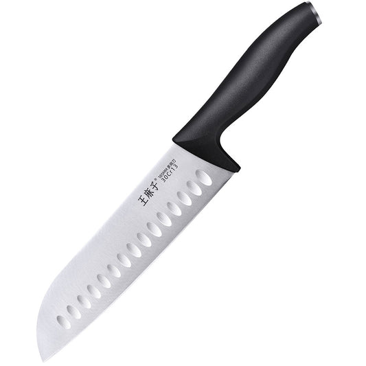 This Santoku knife features an ergonomic PP handle that provides a comfortable grip and reduces hand fatigue. With an exceptionally sharp blade and balanced weight, the black chef knife easily tackles a variety of cutting tasks.
