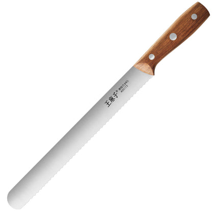 11-inch serrated bread knife is crafted from high-quality 40Cr13 German stainless steel, this 11-inch serrated bread knife features a razor-sharp blade. The use of premium stainless steel significantly enhances the knife's anti-rust properties, ensuring long-lasting durability and reliable performance over time. With a robust, precision-engineered design, this kitchen essential maintains its sharpness and strength, making it perfect for both professional chefs and home cooks looking for a reliable, long-las