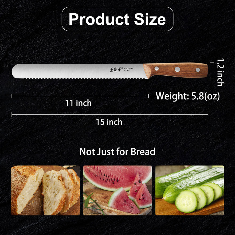 This 11-inch bread knife is not just for bread. Its razor-sharp blade effortlessly slices through a variety of foods, from crusty loaves and cakes to cucumbers and even watermelons. The knife's rosewood handle is treated with advanced vacuum technology, making it resistant to deformation while enhancing its corrosion resistance for long-lasting durability. With this versatile tool, you can tackle a wide range of kitchen tasks with precision and ease.