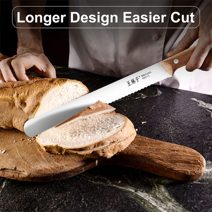 This expertly crafted bread knife features a longer blade design, allowing for smoother, more efficient cuts with fewer strokes. Its extended length effortlessly glides through large loaves, thick crusts, and delicate interiors, ensuring clean, even slices every time. The knife’s ergonomic handle offers a secure, comfortable grip, reducing hand fatigue during prolonged use.