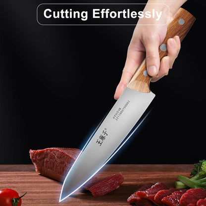 This 8 inch kitchen knife is designed to make every cut smooth and effortless. Featuring an ultra-sharp blade crafted from high-quality stainless steel, it glides through ingredients with ease, ensuring clean, precise cuts every time. The ergonomic wooden handle provides a comfortable, secure grip, reducing hand strain and allowing for greater control.