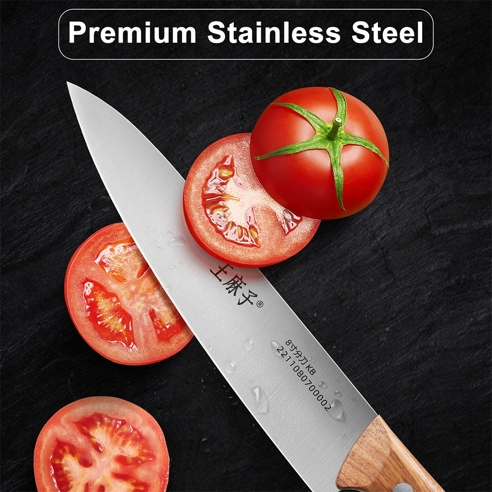 This chef knife is expertly crafted from high-quality premium stainless steel, offering superior strength, sharpness, and corrosion resistance. The razor-sharp blade effortlessly glides through all your cutting, chopping, and slicing tasks, ensuring precision and efficiency with every use.