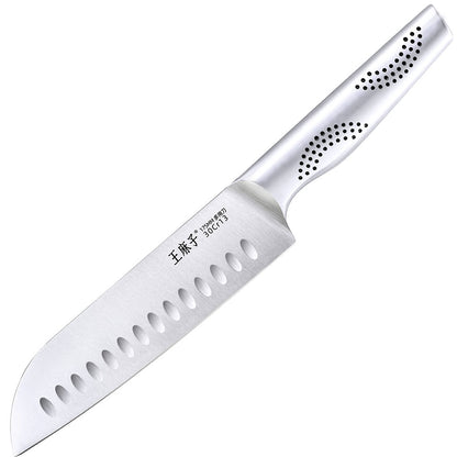 This Santoku knife features a whole steel structure with an integral design, providing exceptional durability and stability for cutting tasks. Its unique hollow-patterned handle is not only aesthetically pleasing but also equipped with a non-slip function, ensuring comfort and safety during use. The widened blade enhances safety while cutting, making it easier to chop vegetables and slice meat. Whether you're a professional chef or a home cook, the Santoku knife is an indispensable tool in the kitchen.