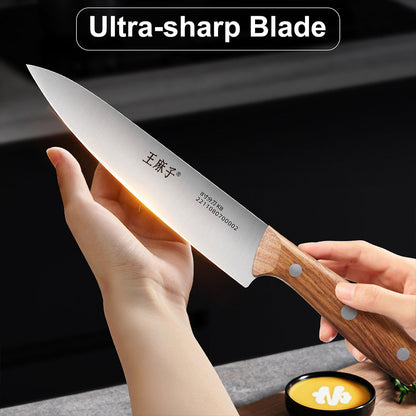 This 8-inch chef knife is a versatile kitchen essential, crafted with an ultra-sharp blade to handle all your kitchen needs. Made from premium high-carbon stainless steel, the blade offers exceptional durability, sharpness, and long-lasting edge retention. The smooth, non-stick surface ensures effortless cutting and easy cleanup. Featuring a classic wooden handle, it provides a comfortable and secure grip for precise control during food prep. Whether you're a professional chef or a home cook, this knife is 