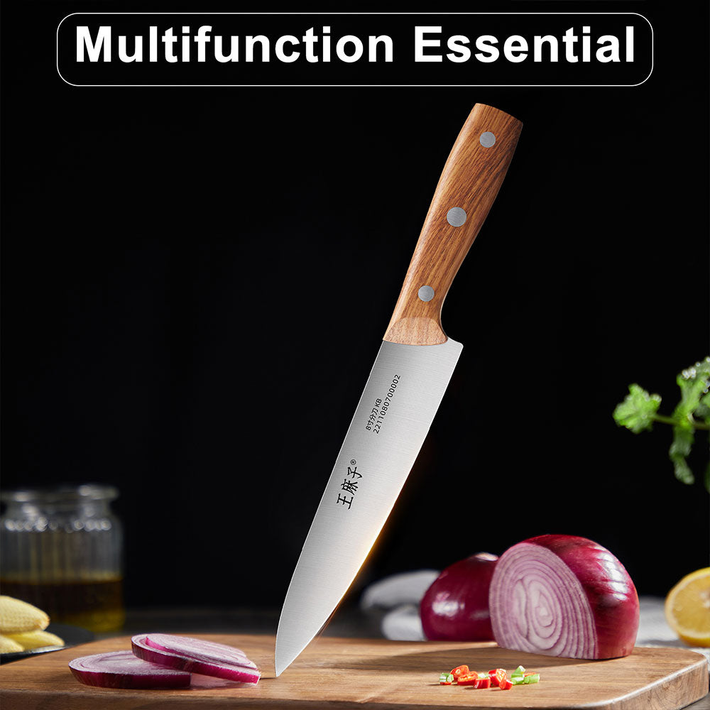 This all-purpose chef knife is designed to be the ultimate tool for any kitchen task. With a sleek, razor-sharp blade, it effortlessly tackles everything from chopping vegetables to slicing meats. The blade is crafted from high-quality, premium stainless steel, ensuring exceptional sharpness, durability, and corrosion resistance.