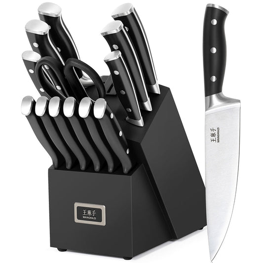 The Wangmazi 15-Piece Knife Set blends modern aesthetics with classic craftsmanship. Featuring ergonomic pakkawood handles, each knife offers both style and comfort. The three-rivet design enhances the overall balance and durability for precision and control.