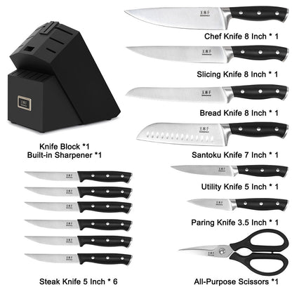 15-Piece knife block set is Crafted from high-quality stainless steel, this set features full tang construction for optimal balance and durability. The triple-riveted, ergonomic handles provide a comfortable, secure grip for precise control.