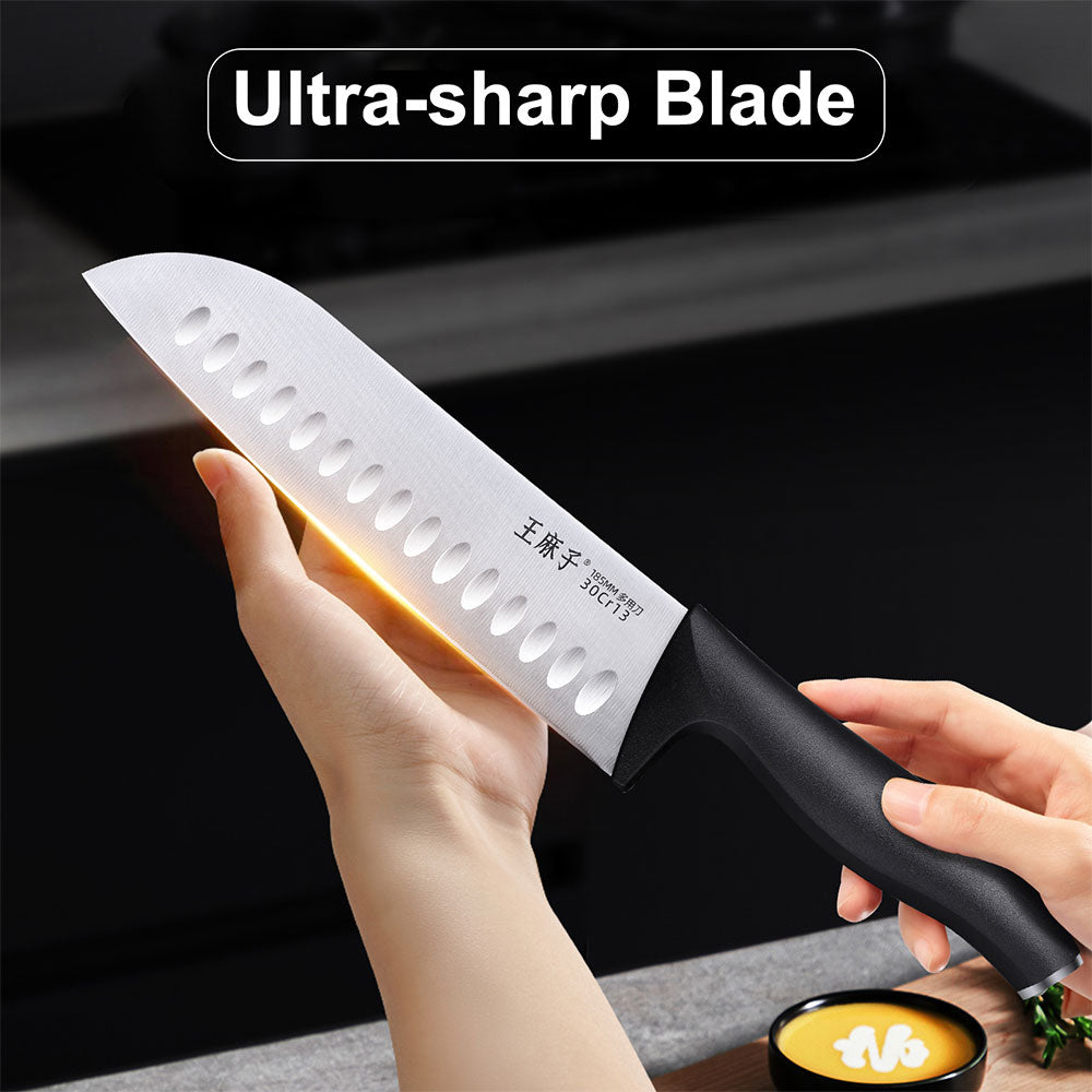 This Santoku knife is a versatile kitchen tool designed for a variety of culinary tasks.Featuring an ultra-sharp blade, it ensures precise and effortless cutting, making meal preparation quick and efficient. Whether you're chopping, slicing, or dicing, this knife delivers outstanding performance every time.
