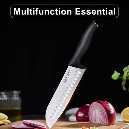 Multifunctional Essential Santoku Knife. Crafted from high-carbon stainless steel, this kitchen knife offers exceptional durability and resistance to rust, ensuring long-lasting performance. Engineered with advanced sharpening technology, the blade is hand-sharpened to achieve an incredibly sharp edge, allowing for effortless cutting and precise control in the kitchen.
