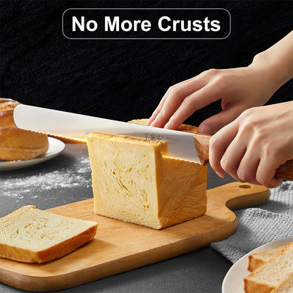 No more crusts - effortless slicing with precision. Whether you're a professional chef or a home cook, this bread knife is designed to make slicing effortless. With its precision-crafted blade, it cuts through bread, cakes, and more with ease, ensuring clean, even slices without crushing the soft interior.