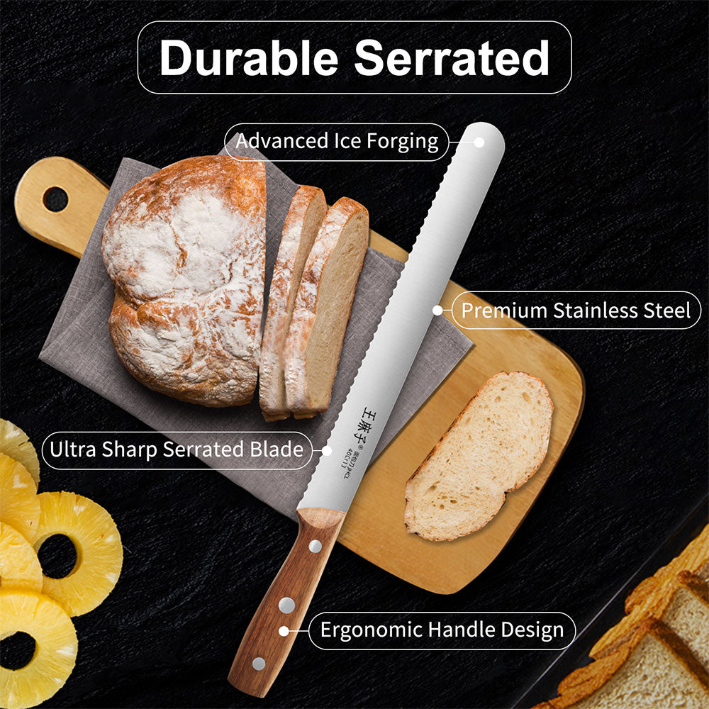 Crafted from premium stainless steel, this bread knife features an ultra-sharp, serrated blade that effortlessly cuts. The advanced forging process ensures durability and long-lasting sharpness, while the serrated edge maintains its cutting power over time. Its ergonomic handle design provides a comfortable, secure grip, offering enhanced control and reducing hand fatigue during extended use.