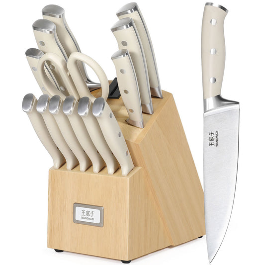 Wangmaiz classic 15-piece knife block set is Crafted from high-carbon stainless steel, this knife set combines German engineering with exceptional craftsmanship. The triple-riveted, ergonomic synthetic handles offer a secure and comfortable grip, ensuring precision and control during use.