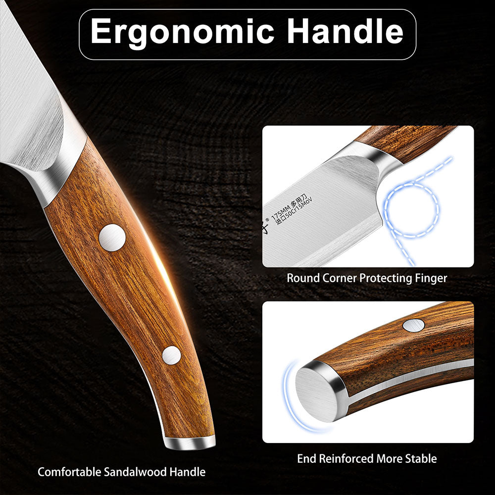 Kitchen Knife – Ergonomic Sandalwood Handle with Finger Protection and Reinforced Stability
This kitchen knife features an ergonomic, comfortable sandalwood handle designed for a secure, natural grip. The rounded corner protects your fingers during use. The handle is reinforced at the end for extra stability and durability, providing a balanced and secure feel with every cut. Perfect for both precision and heavy-duty tasks, this knife offers excellent performance and long-lasting comfort.