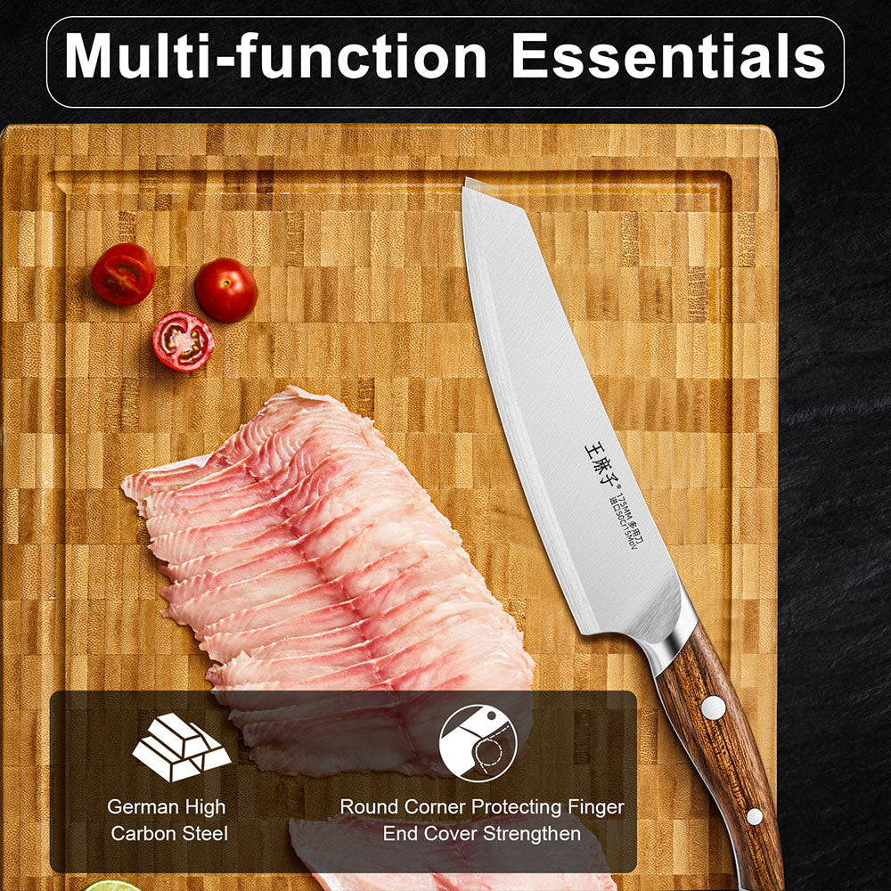 Multi-function chef knife – vacuum anti-shrinkage handle, german high carbon steel blade, finger protection & reinforced end cover. The balanced design ensures comfort and precision, making food prep effortless.