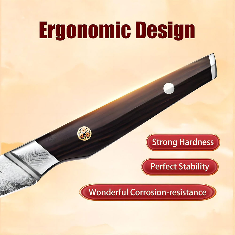 Crafted from high-quality Damascus steel, this fruit knife offers perfect stability and exceptional corrosion resistance, ensuring long-lasting performance. The ergonomic design provides a comfortable grip for precision cuts, while the blade’s strong hardness allows it to maintain a sharp edge over time.