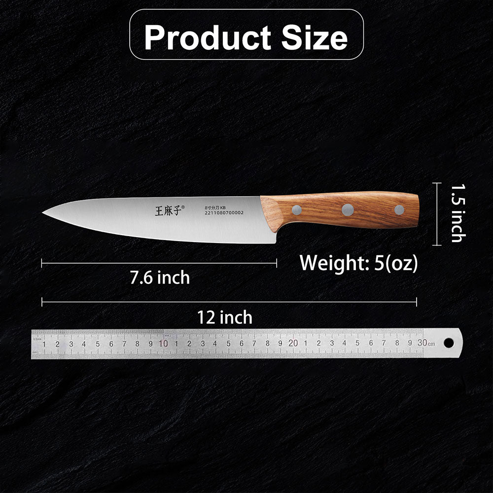 This versatile 8-inch chef knife features a precision razor-sharp blade, ideal for a variety of kitchen tasks. Its ergonomic wooden handle ensures a comfortable, secure grip, while the triple-riveted design adds durability and strength for long-lasting performance. Perfect for both professional chefs and home cooks.